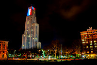 The Cathedral of Learning on the University of Pittsburgh campus lit in bleu, blanc et rouge in support of France. From Soldiers & Sailors Memorial. ‪